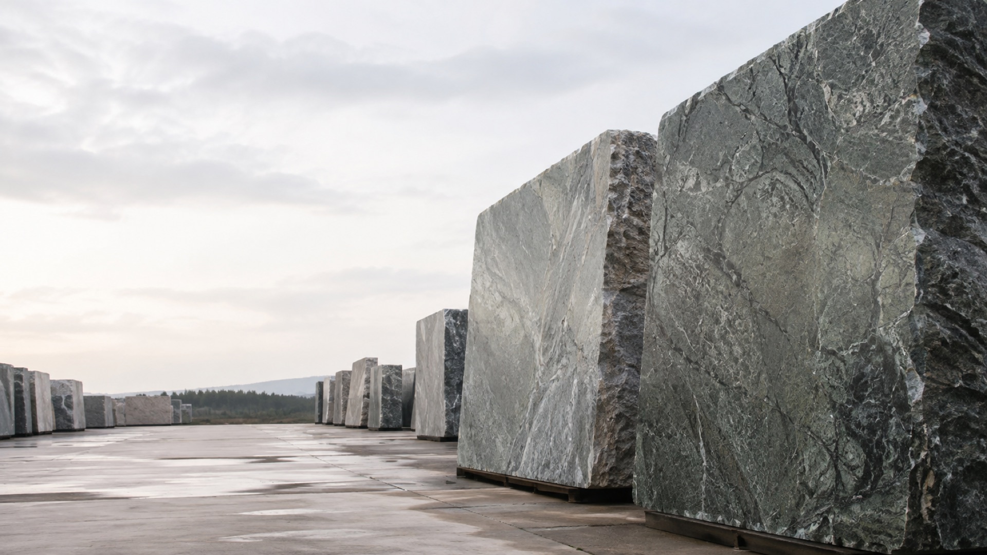 Large granite slabs in a stone yard